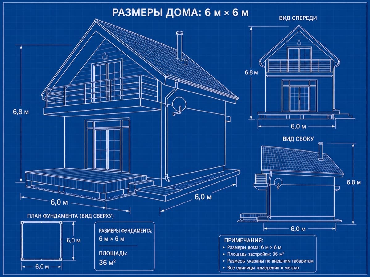 Схема типового дома 6x6 м для расчета сноса